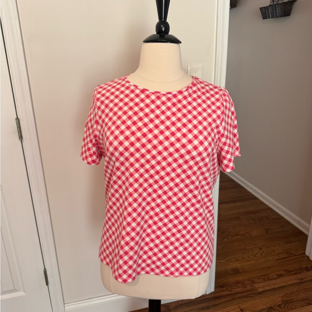 Talbots Tee. Size 1X petite. Pink and white check. Cotton/spandex blend